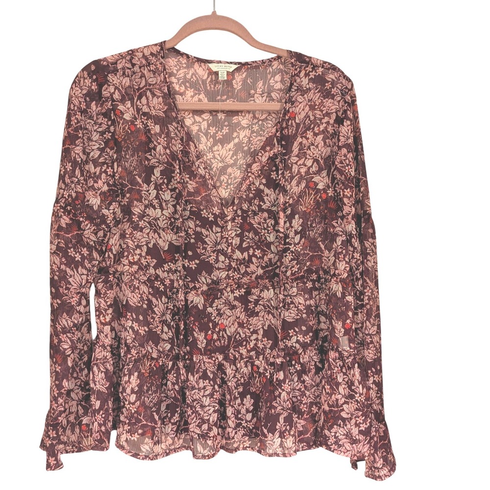 Lucky Brand Burgundy Floral V Neck Tiered Peplum Bell Sleeve Blouse Top‎ S P